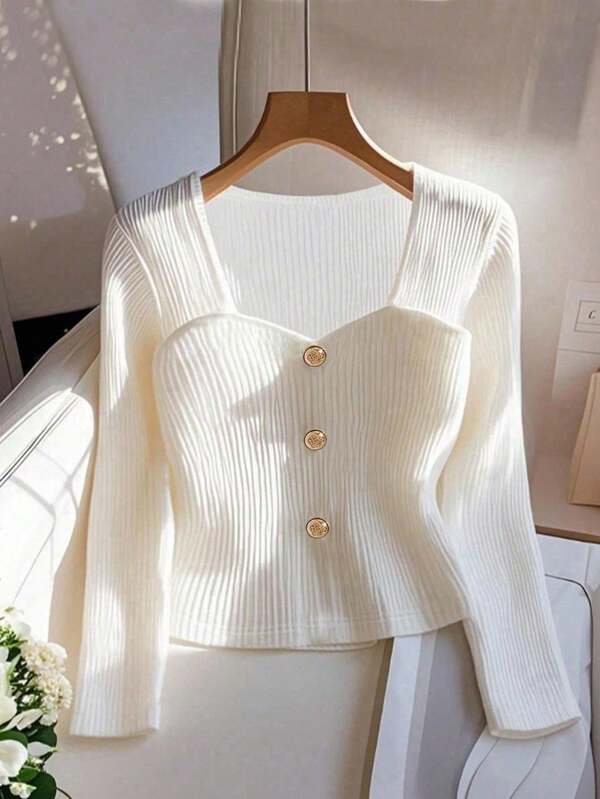 GlowEve Camiseta de manga larga con diseño de botones y cuello en forma de corazón, estilo casual de negocios para mujer