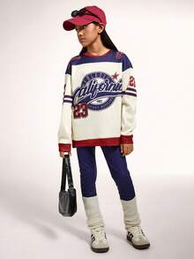 Radiana Tween Girl Casual Retro Letter & Number Badge Graphic Sweatshirt And Leggings 2 Pieces Set, Collegiate Style, Back To School, Fashion Sportswear, Crew Neck Comfortable Long Sleeve, Suitable For Autumn/Winter Fall - Multicolor - View 2