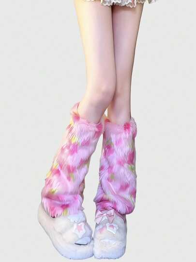 Kawaii 1 Paio di Calzini Gamba Caldi Fluffosi Rosa Millennials con Stampa Floreale, Calzini Gamba Alla Moda e Carini per Donne, Adatti per Uso Quotidiano, Appuntamenti, Feste, JK, Lolita e Altri Outfit