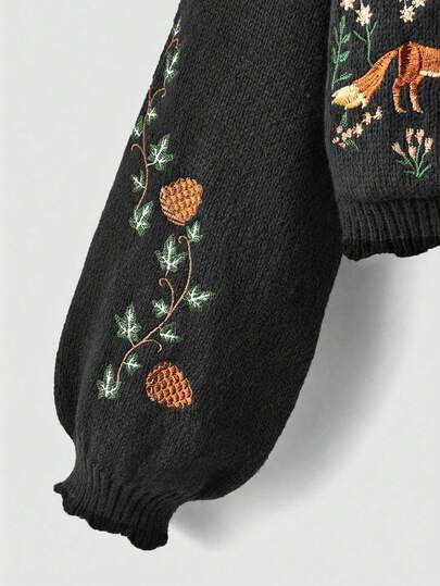 Fairycore Cardigan casual à manches lanternes avec bordure contrastée brodée, automne/hiver