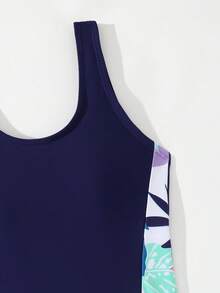 Tween Girl Tropical Print Patchwork One-Piece Swimsuit,Modest Navy Blue Swimwear For Women Teenage Girls,Summer Casual Beach Vacation Holiday Tankini - Navy Blue - View 4
