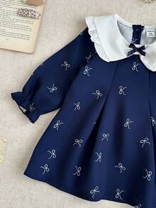 Souflis Souflis 女婴白色面料荷叶边蝴蝶结领泡泡袖搭配浅灰色褶皱连衣裙，优雅可爱，适合日常、通勤、休闲穿着 - 寶藍色 - 查看 3