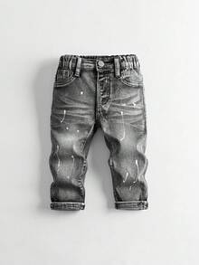 SHEIN Playful Pals 男婴 Y2K 风格破洞牛仔裤，修身卷边，舒适弹力面料，休闲时尚 - 淺灰色 - 查看 3