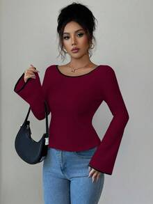 Selianne Camiseta feminina casual com gola redonda e gravata borboleta, cor contrastante - Vermelho - Ver 4