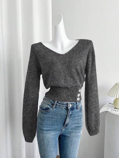 Celisse 女式纯色V领长袖纽扣设计休闲毛衣，秋冬