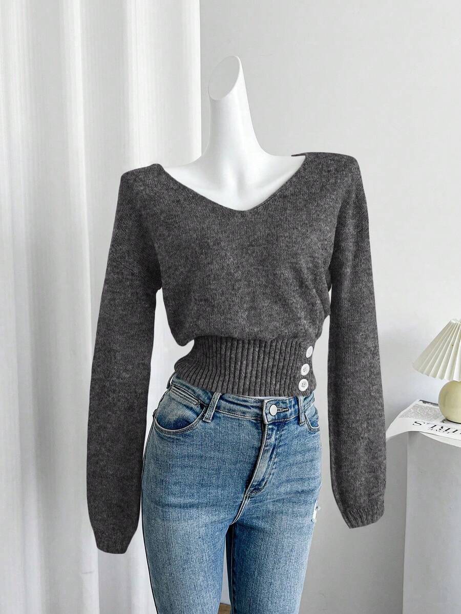 Celisse Women's Solid Color V-Neck Long Sleeve Button Design Casual Sweater, Autumn/Winter - Black and White - View 1