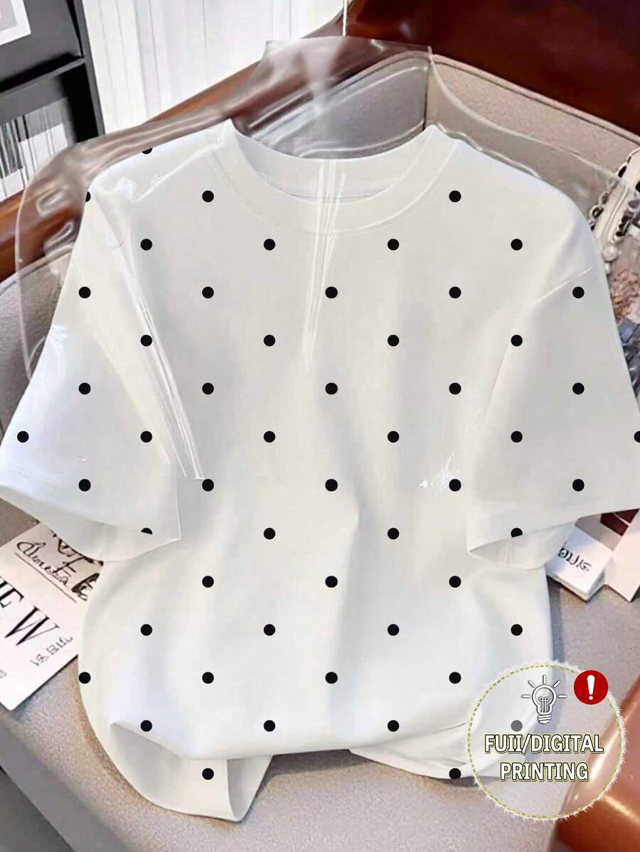 Resyla Camiseta feminina casual com estampa de bolinhas e gola redonda