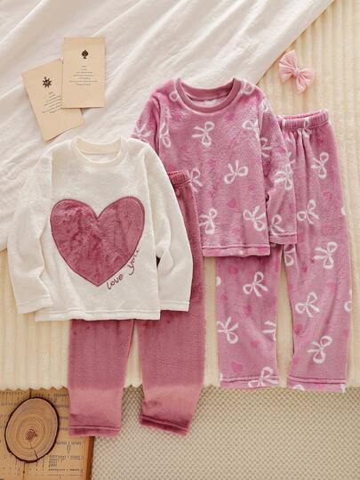 4pcs/Set Girls Minimalist Fashion Pink Series Cloud & Heart Pattern Long Pants, Long Sleeve Casual Comfortable Fleece Pajamas Set