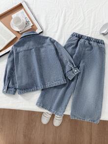 Genkimix Kids 年轻女孩秋季单排扣牛仔夹克和牛仔裤休闲装 - 藍色 - 查看 2