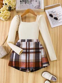 Sparklyn Tween Girl Off Shoulder Long Sleeve Top And Plaid Skirt Set, Autumn/Winter - Multicolor - View 1