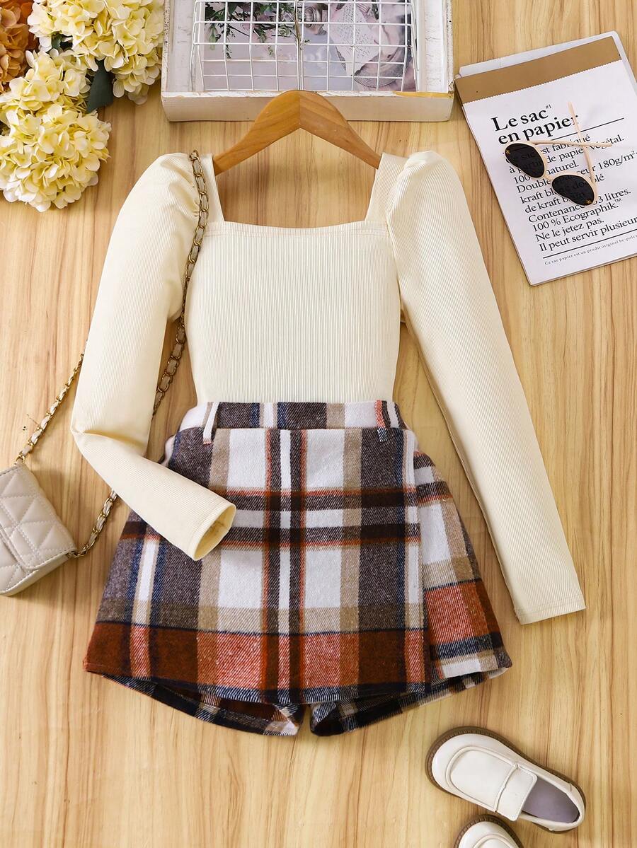Sparklyn Tween Girl Off Shoulder Long Sleeve Top And Plaid Skirt Set, Autumn/Winter - Multicolor - View 1