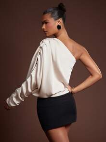 Hauture Women's Sexy Office Off Shoulder Pleated Satin Elegant Blouse Top - Apricot - View 2