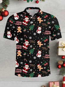 Manfinity Homme Weihnachtlich süßes Polo-Shirt mit Allover-Muster von Weihnachtsmann und Schneemann für Herren in Große Größen, schafft eine warme Familien-Atmosphäre - Schwarz - Übersicht 1