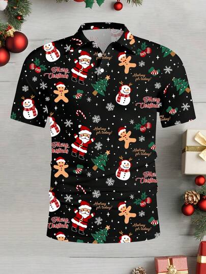 Manfinity Homme Christmas Cute Santa Claus & Snowman All-Over Print Casual Plus Size Men Polo Shirt, Warm Family Atmosphere Matching