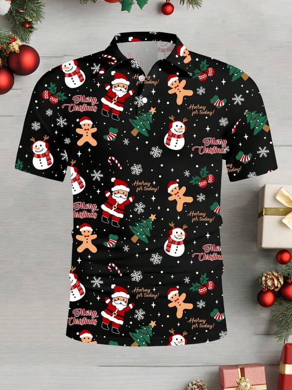Manfinity Homme Christmas Cute Santa Claus & Snowman All-Over Print Casual Plus Size Men Polo Shirt, Warm Family Atmosphere Matching