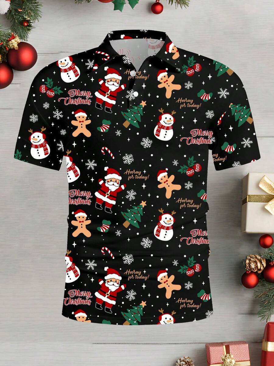 Manfinity Homme Weihnachtlich süßes Polo-Shirt mit Allover-Muster von Weihnachtsmann und Schneemann für Herren in Große Größen, schafft eine warme Familien-Atmosphäre - Schwarz - Übersicht 1