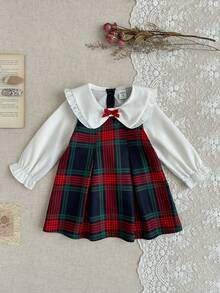 SHEIN 女婴白色面料荷叶边蝴蝶结领泡泡袖褶皱连衣裙，优雅可爱，适合日常、通勤、休闲穿着 - 彩色 - 查看 6