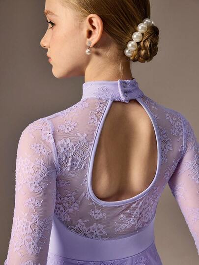 SHEIN 青少年女孩运动紧身衣，适合芭蕾舞、返校、校园健身、训练、比赛、休闲穿着。时尚弹力网眼长袖设计，舒适有弹性的舞蹈运动服