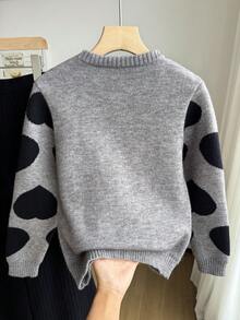 Sparklyn 2 件套女童圆领毛衣和喇叭针织裤，心形图案长袖针织上衣和裤子，温暖的 WinTween 女孩儿童服装，时尚灰色套装 - 灰色 - 查看 5