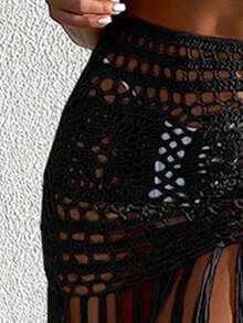 Swim Vcay 女士纯色镂空流苏下摆罩衫连衣裙，度假风 - 黑色 - 查看 5