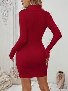 EMERY ROSE 新款欧美风格休闲时尚舒适合身针织女式套头毛衣裙，厚实保暖内衬，秋冬 - 紅色 - 查看 2