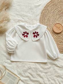 SHEIN Vintaside Kids 1 件幼儿女童舒适休闲韩版翻领 3D 刺绣天鹅绒长袖上衣，适合春秋冬日常穿着 - 白色 - 查看 3