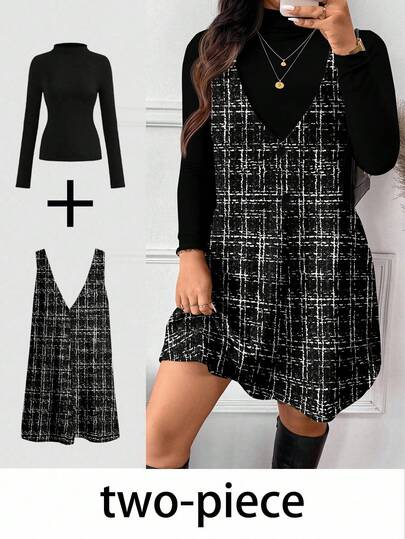 SHEIN Frenchy Conjunto de 2 piezas con vestido de unicolor elegante de tirantes anchos sin mangas con cuello en V y top de cuello alto de manga larga para tallas grandes
