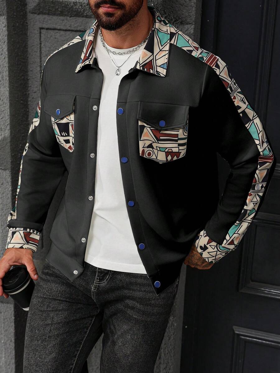 Manfinity Homme Men's Patchwork Print Long Sleeve Jacket - Black - View 1