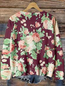 SHEIN Privé Plus Size Floral Print Long Sleeve Cardigan - Red Violet - View 2