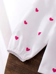 Elladie kids Girls Casual Pink Mesh Skirt Set, Heart Print Collar Shirt & Pleated Skirt With Mesh Lining, Elegant Vacation Outfit For Autumn - Hot Pink - View 5