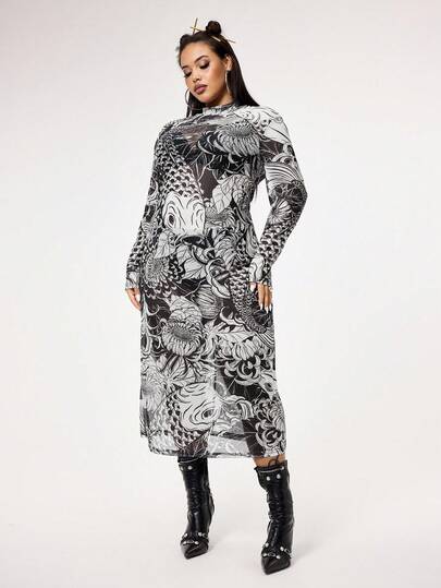 Grunge Punk Vintage Carp Print Mesh Elastic Plus Size Bodycon Sexy Dress For Women