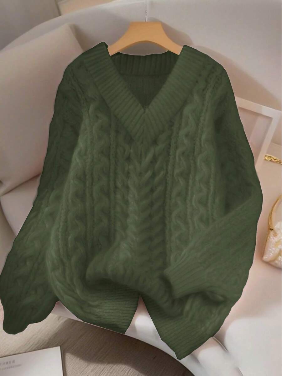 Franclia New Loose, Soft, Sweet Pink Oversized V-Neck Thick Cable Knit Pullover Sweater For Women, Unique Design, Versatile - Army Green - View 1