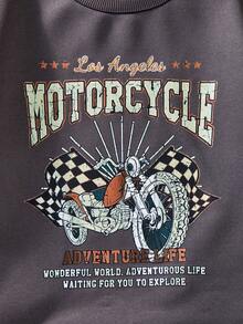 SHEIN Explorewe Set Casuvi Kid Young Boys din 2 piese - Hanorac și pantaloni tricotați, Imprimeu grafic cu motociclete, Stil minimalist, Ținută casual de zi cu zi, Stil retro universitar, Grosime normală, Potrivit pentru vacanțe și sport de primăvară/toamnă