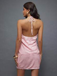 Hauture 女士夜间外出派对性感淡粉色亮片金色装饰低胸迷你连衣裙 - 粉色 - 查看 3