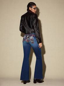 ROMWE Avant 女士复古亚文化圣母玛利亚骷髅翅膀老虎刺绣修身低腰喇叭牛仔裤 - 藍色 - 查看 6