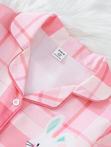 Tween Girls Pajamas-Pajama Set Plaid Pink Lapel Long Sleeve Top Elastic Waist Pants Cute Rabbit Embroidery Comfortable Loungewear Four Season Sleepwear 2026 New Year Essential - Pink - View 6