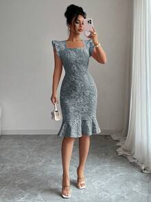 Elenzga Elegant Jacquard Commuter Dress, Summer - Gray Blue - View 3