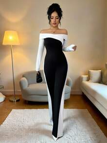 Elenzga Jumpsuit Wanita Minimalis dengan Warna Kontras untuk Pakaian Sehari-hari, Model Off Shoulder - Hitam dan Putih - View 7
