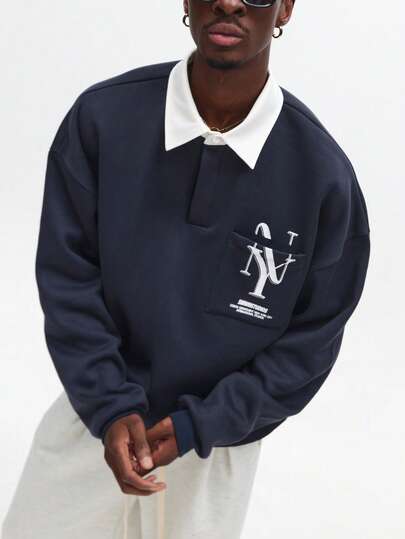 SUMWON Camisa polo de estilo rugby con parche bordado de logotipo, ajuste regular, diseño de cuello de contraste, uso casual clásico de preparatoria