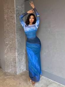 Islaluna Women Ombre Print Crew Neck Long Sleeve Dress Maxi Women Outfit - Multicolor - View 1