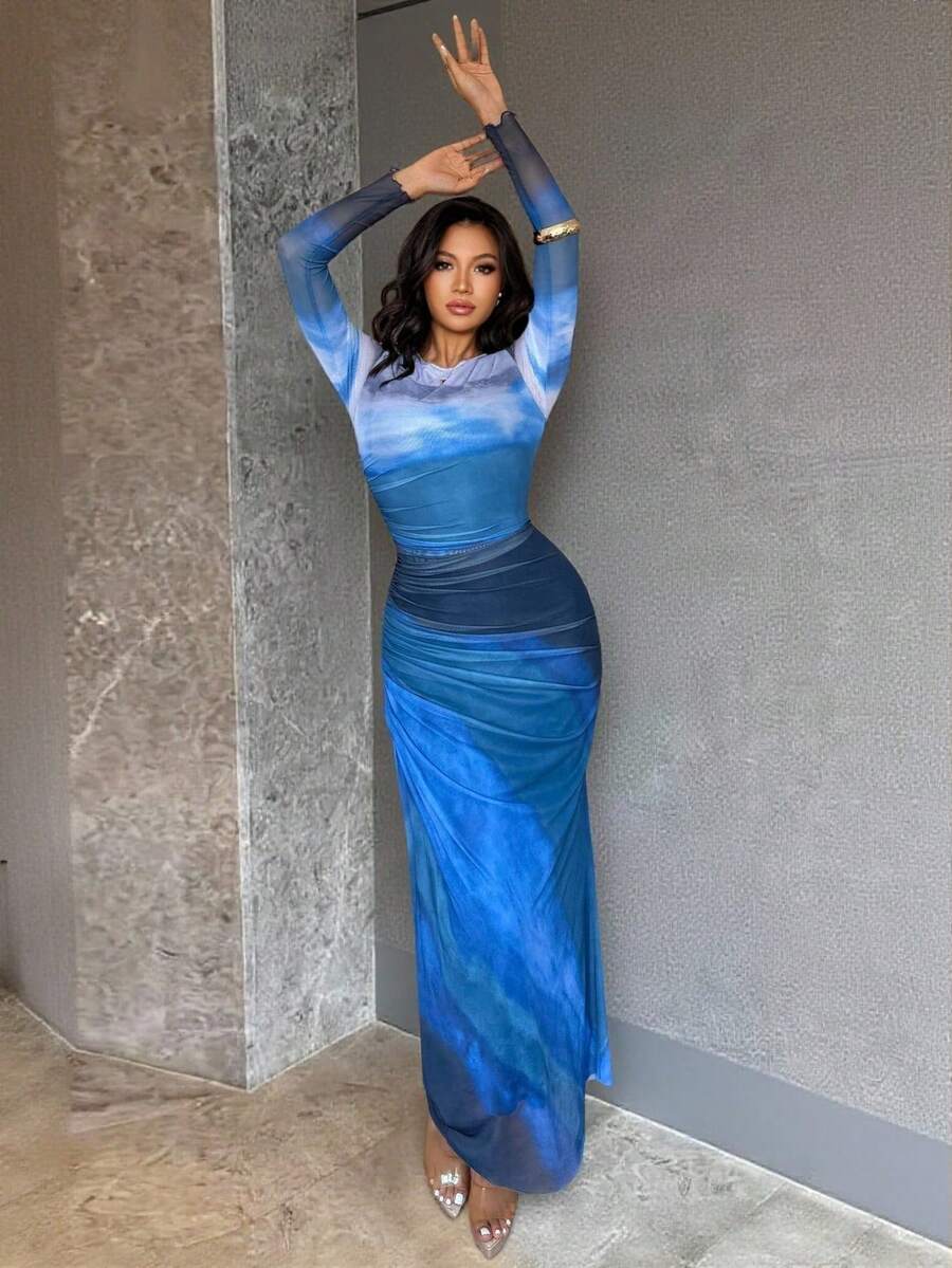 Islaluna Women Ombre Print Crew Neck Long Sleeve Dress Maxi Women Outfit - Multicolor - View 1