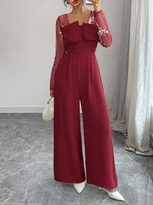Lyxana Women's Floral Embroidery Mesh Pleated Wide Leg Elegant Jumpsuit - Red - View 3