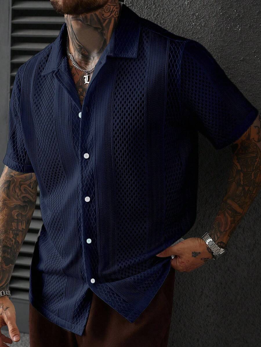 Manfinity CasualCool Men's Solid Color Jacquard Knit Short Sleeve Shirt Fishnet Shirt Men Navy Blue Button Up Men Open Knit Shirt Men