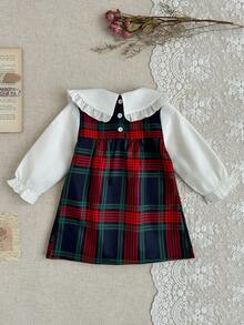 SHEIN 女婴白色面料荷叶边蝴蝶结领泡泡袖褶皱连衣裙，优雅可爱，适合日常、通勤、休闲穿着 - 彩色 - 查看 3