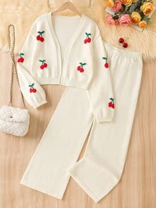 Teenage New French Retro Soft Cherry Knit Sweater Paired With Straight Leg Pants, Suitable For Home, Outing, Gathering, Back To School Women 2 Pieces Pants Suits Cherry Outfit Women Cherry Clothes 2 Pieces Sets Woman Teen Girls Pants Suit Pants Suit Women Women 2 Pieces Outfits - White - View 9