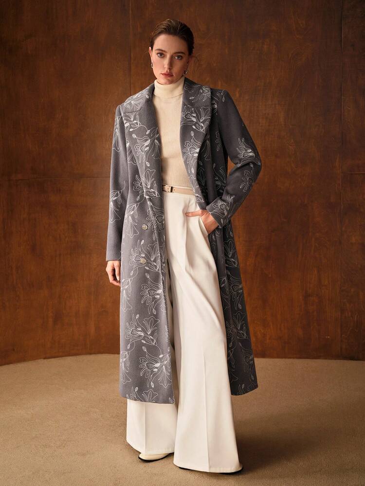 FLORAL EMBROIDERY DOUBLE BREASTED OVERCOAT