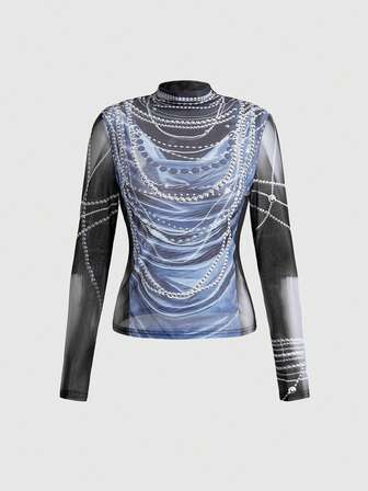 ROMWE Avant Top corto sexy con estampado de cadena de perlas y malla transparente