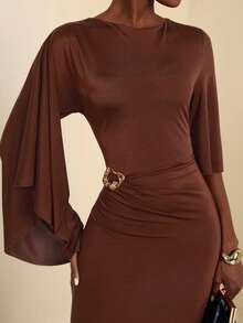 Lyxana Women's Asymmetric Sleeve Cinched Waist Metal Buckle Decor Elegant Long Dress - Brown - View 7