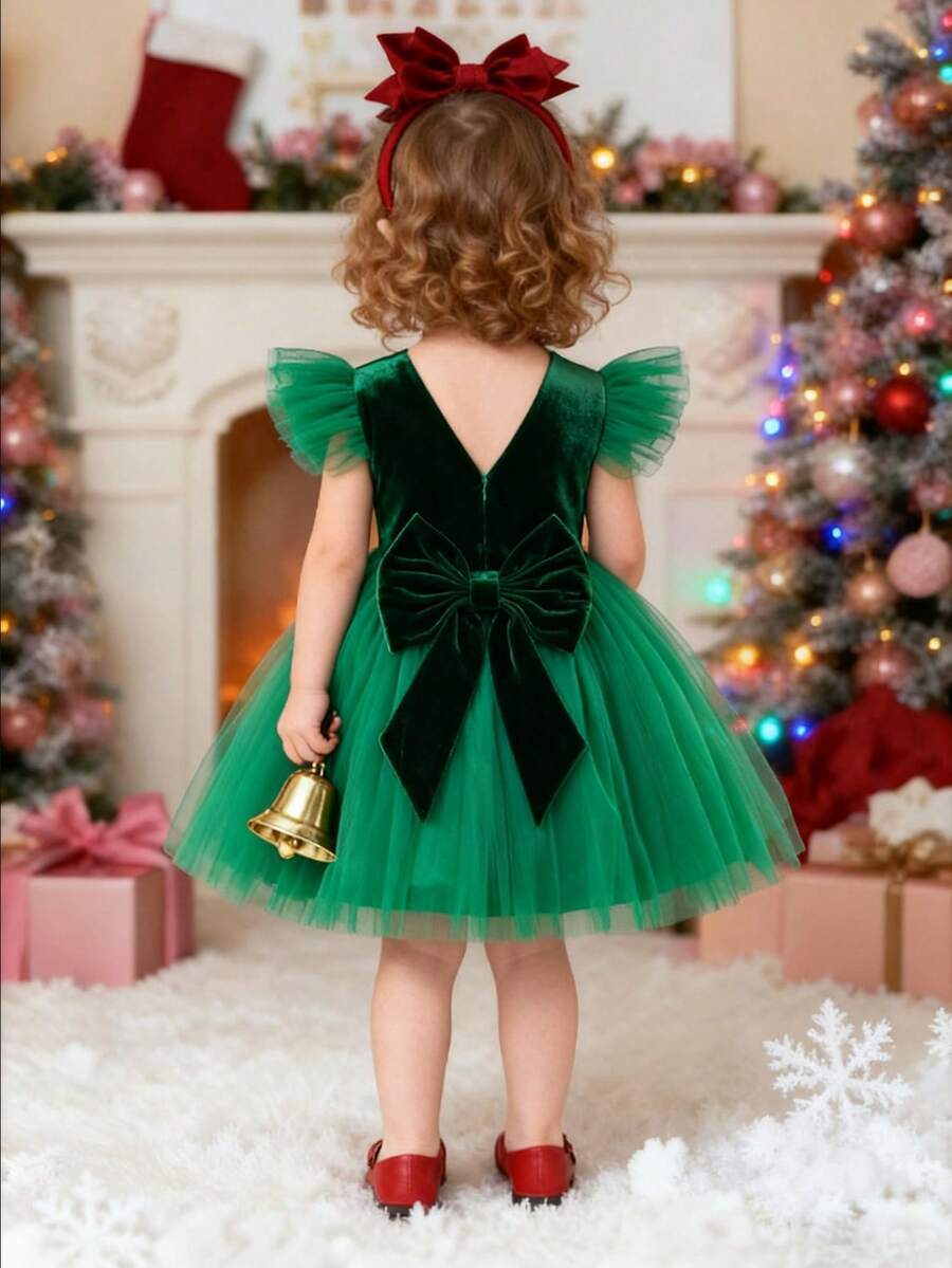 Glamorique Kids Vestido de princesa de terciopelo con lazo en la espalda en V, con volantes de tul para bebé e infante niña, adecuado para fiesta de Navidad, cena, cumpleaños - Verde - Ver 1