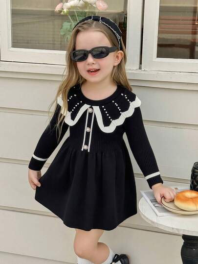 SHEIN Young Girls Elegant  Pearl Decor Crew Neck Long Sleeve Knit Sweater Dress, Suitable For Casual, Outdoor, Travel, Vacation, Home, Daycare, Playtime, School, Party